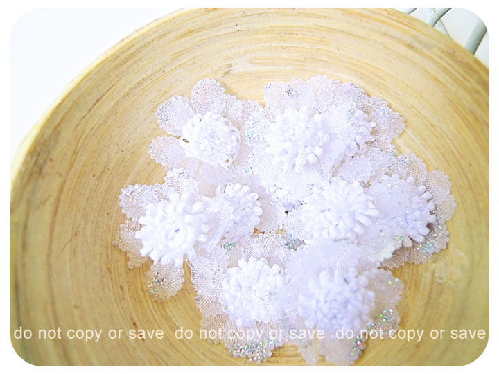 White Satin organza flower with slivery glitter / pack 