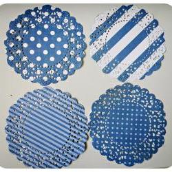 4 Parisian Lace Doily Dark Blue polka dot & stripe / pack 