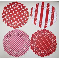 4 Parisian Lace Doily red polka dot & stripe / pack 