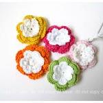 Colorful crochet flower 3 layer green pink, dark pink, orange and yellow for scrap booking, card making etc  