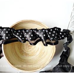 Black polka dot double layered satin ribbon trim - 2yards  
