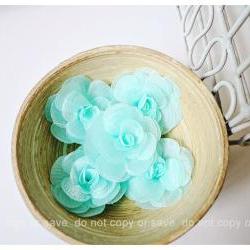 6 Aqua Mist Satin Organza flowers  