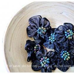 6 Black Satin organza flower with beads in the centered / pack  