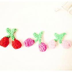 Cherries red, dark pink and light pink crochet applique with stem / pack  