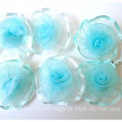 6 Organza rolled silver blue flowers / pack  